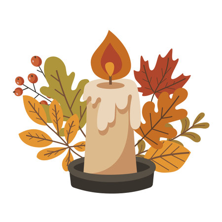 Vector illustration of a lit candle. The candle is surrounded by autumn leaves and berries, creating a warm and cozy atmosphere.のイラスト素材