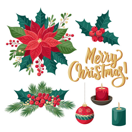 Christmas set of design elements. New Year bouquet with poinsettia flower, Christmas candles, fir branches and holly. Handwritten inscription Merry Christmas. Set of vector illustrations isolated on white background.のイラスト素材