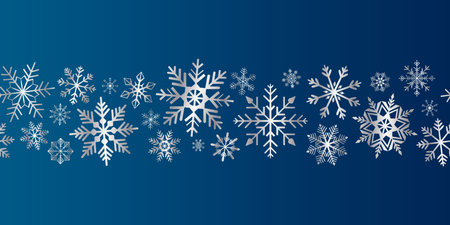 Seamless border of silver snowflakes on a blue background. Vector.のイラスト素材