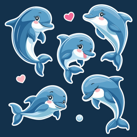 A set of stickers with dolphins in a cartoon style. Vector set of stickers isolated on a dark background.のイラスト素材