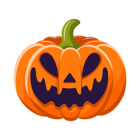 Halloween, Jack-o'-lantern monster pumpkin carved with glowing scary face and evil smile on white background. Vector creepy illustration.のイラスト素材
