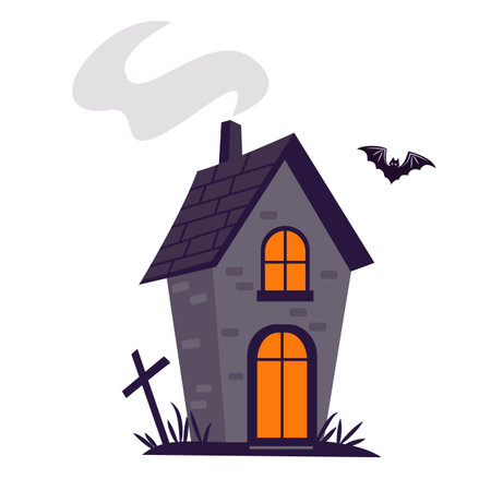 Illustration of creepy house, grave with cross and bat. Vector illustration for Halloween conceptのイラスト素材