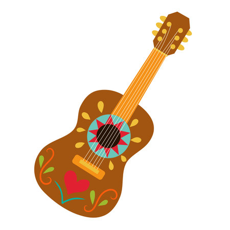 A Mexican guitar with traditional ornamentation. A bright and colorful wooden musical instrument...