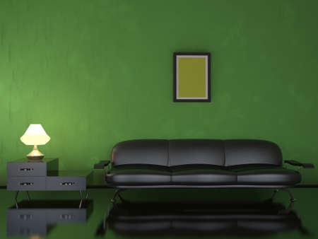 Interior of a room with a leather black sofaの写真素材