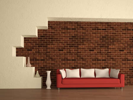 The red sofa near a brick wallの写真素材