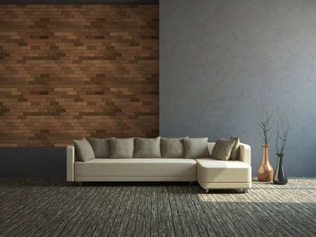 Big sofa and vases near a wall