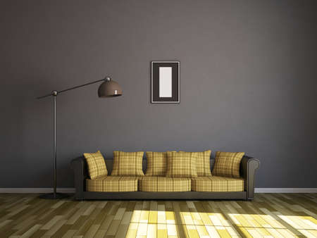Sofa and a lamp near the wallの写真素材