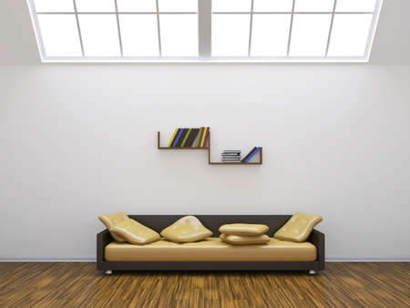 Sofa and a shelf with colored booksの写真素材