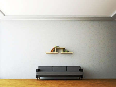 A room interior with a leather sofa near the wallの写真素材