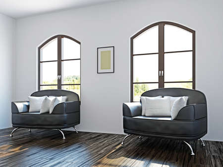 Livingroom with black chairs near the windows