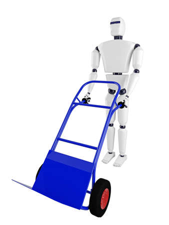 The robot and the blue pushcart on a white backgroundの写真素材