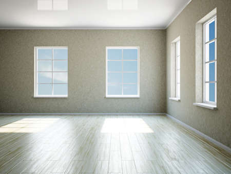 The empty big room with four windowsの写真素材