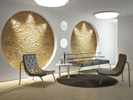 Sofa and two chairs against the wall 