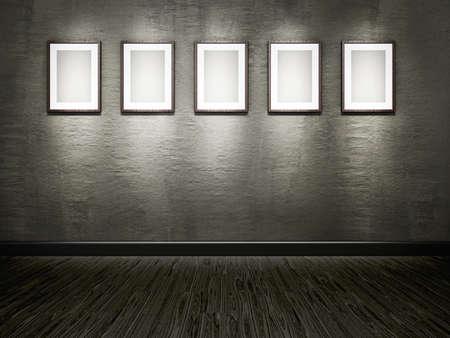 The old gallery with empty wooden framesの写真素材