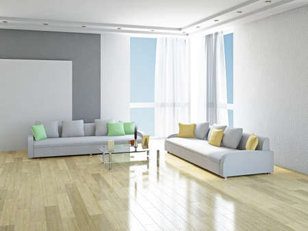 White sofas with green and yellow pillows in the room