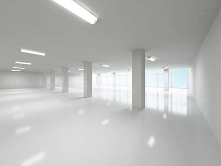 The empty corridor with columns and large windows