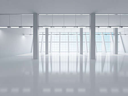 The empty corridor with columns and large windows