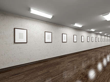 Long gallery with blank pictures on the wallの写真素材