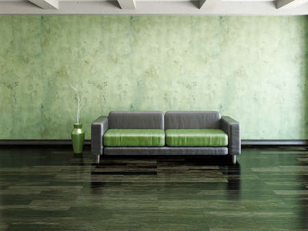 Sofa and vase near the cement wallの写真素材