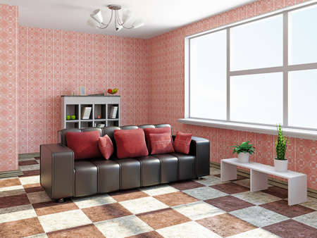 Sofa with red pillows near a windowの写真素材