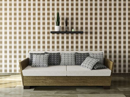 Sofa with pillows near a wallの写真素材