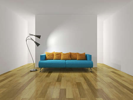 Blue sofa with orange cushionsの写真素材