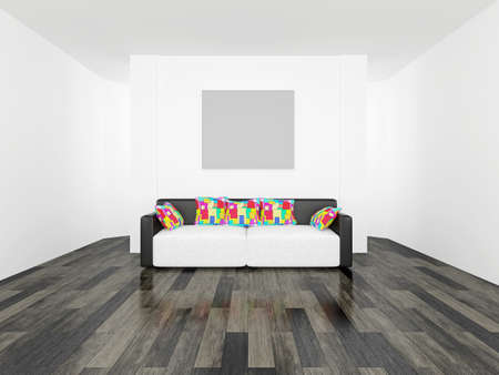 Leather sofa with colored cushionsの写真素材
