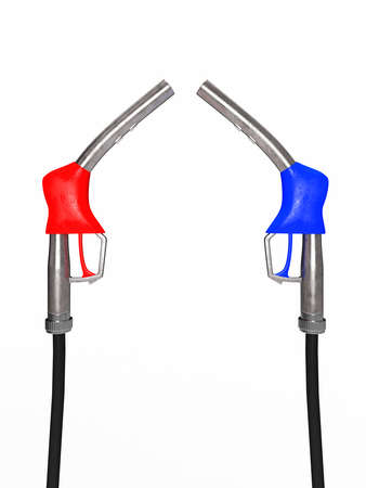 Red and blue fuel nozzles on a white backgroundの写真素材