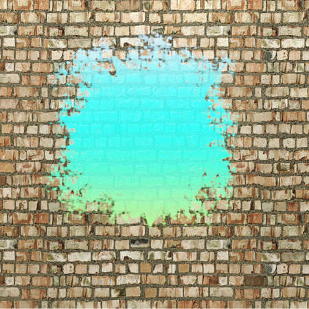 Blot of turquoise paint on a brick wallの写真素材
