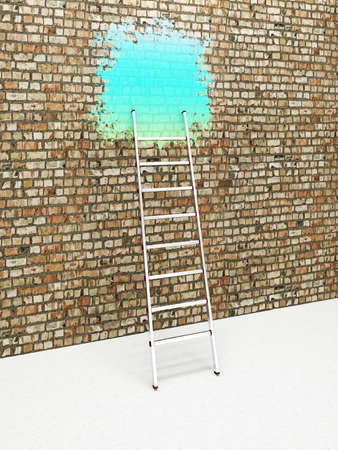 Blot of turquoise paint on a brick wallの写真素材