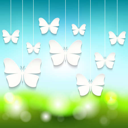 Vector illustration with paper butterflies on a colorful backgroundのイラスト素材