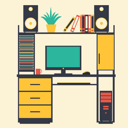 Flat vector illustration of a workplace with a computerのイラスト素材