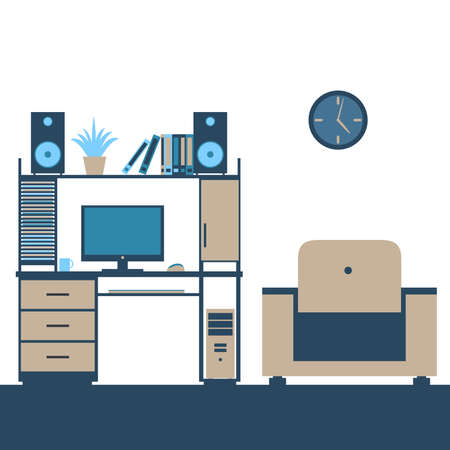 Flat vector illustration of a workplace with a computerのイラスト素材
