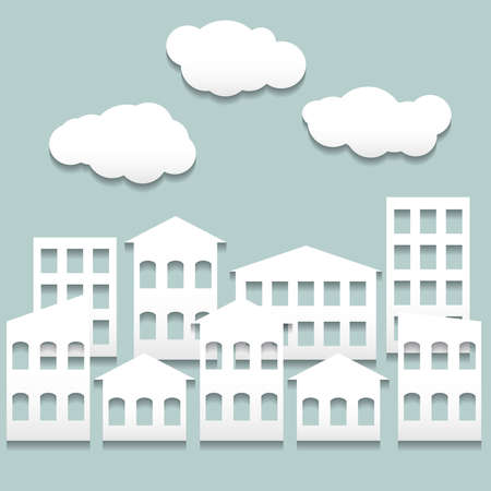 Vector illustration with white paper houses and cloudsのイラスト素材