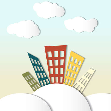 Vector illustration with color paper houses and cloudsのイラスト素材