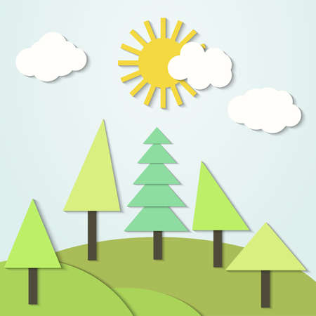 Vector illustration of a landscape with paper clouds and treesのイラスト素材