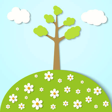 Vector illustration of a landscape with paper clouds and treesのイラスト素材