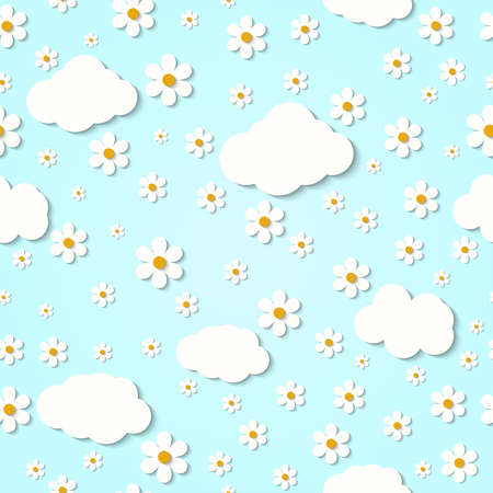 Seamless vector pattern with abstract paper flowers and cloudsのイラスト素材