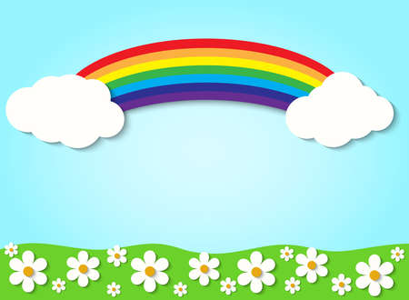 Vector illustration of a landscape with paper clouds and rainbowのイラスト素材