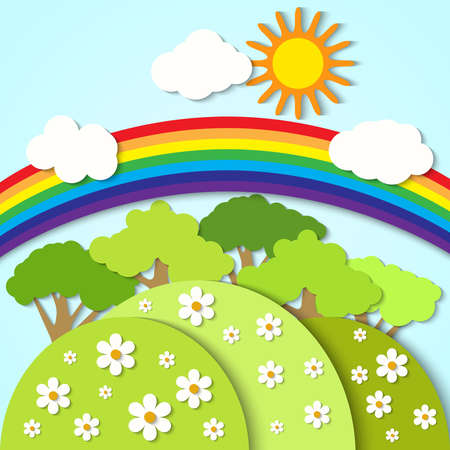 Vector illustration of a landscape with paper rainbow and treesのイラスト素材