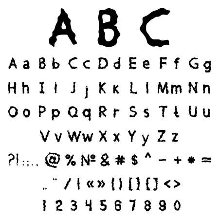 Vector illustration with black grungy alphabet and numbers on a white backgroundのイラスト素材