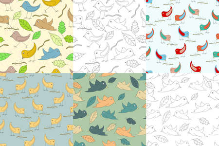 illustration with set of the seamless backgrounds with birdsのイラスト素材