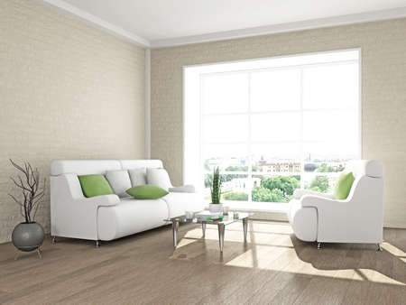 Interior with sofa and armchair, near the brick wall in the roomの写真素材