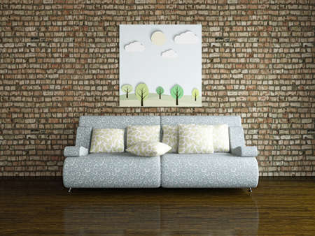 Interior with sofa near the brick wall in the roomの写真素材