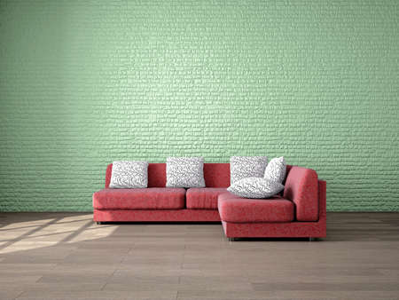 Modern Minimalist interior of a Living Room with home Furniture for your Mood and Design. Livingroom with Comfortable Red Sofa near a Green Brick Wall. 3d Rendering Illustration.の写真素材