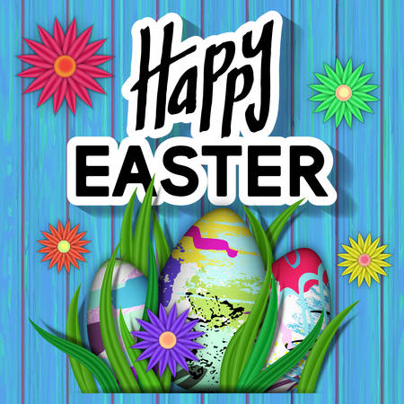 Happy Easter Card. Art Typography Text. Best Design Templates. Wooden Texture with Bright Flower, Eggs, Green Grass. Invitation Banner for Holiday Days and Celebration Date. Vector Illustration.のイラスト素材