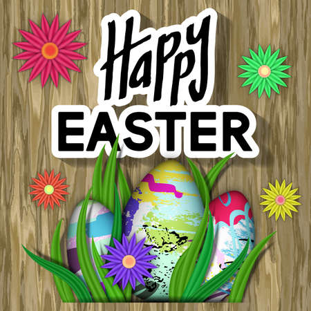 Happy Easter Card. Art Typography Text. Best Design Templates. Wooden Texture with Bright Flower, Eggs, Green Grass. Invitation Banner for Holiday Days and Celebration Date. Vector Illustration.のイラスト素材