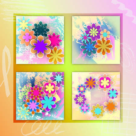 Square Cards Set with Paper Flowers Wonderful Design for Celebration Events Stock Vector Illustrationのイラスト素材