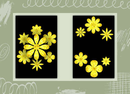 Set of Rectangular Cards with Glittering Golden Texture and Flowers Glamour Design Stock Vector Illustrationのイラスト素材