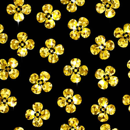 Golden Background with Seamless Pattern of Glittering Flowers Stock Vector Illustrationのイラスト素材